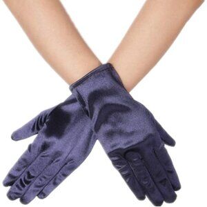 Women's Navy Vintage Short Length Satin Fabric Mittens Wrist Gloves Designed